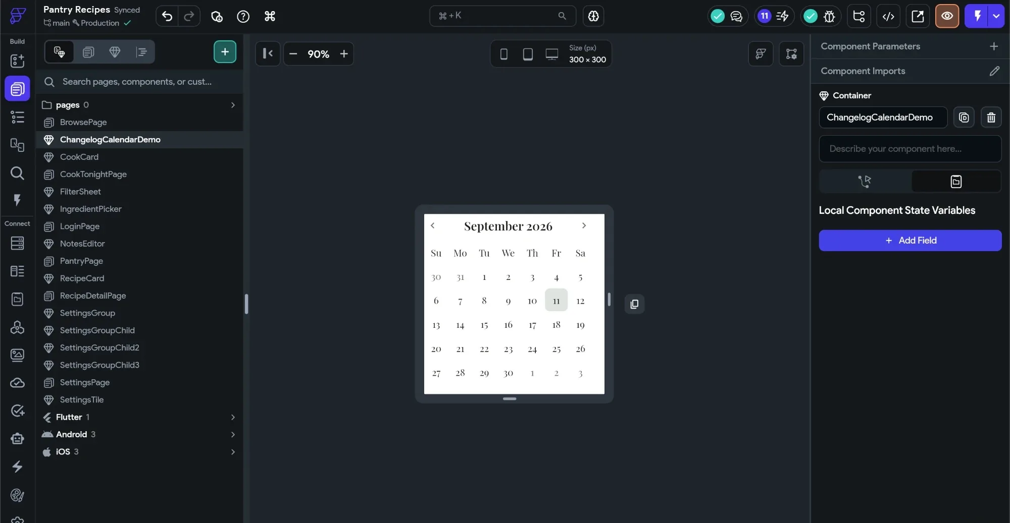 The FlutterFlow editor with the Pantry Recipes project open