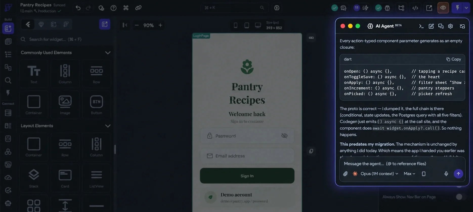 Official FlutterFlow screenshot of the desktop app with the AI Agent panel marked beta open over a Pantry Recipes mobile app preview, showing an agent response about Dart code and a Message the agent box with the Opus model selected