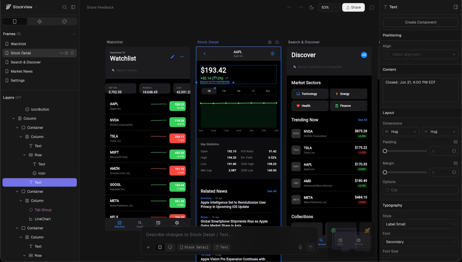 Official FlutterFlow screenshot of FlutterFlow Designer showing a dark stock-trading app design with a Watchlist screen, a stock detail chart screen and a market discover screen, with layers on the left and properties on the right
