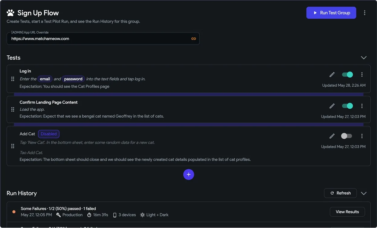 Official FlutterFlow screenshot of Test Pilot showing a Sign Up Flow test group with Log In and Confirm Landing Page Content tests written in plain English, a Run Test Group button and a Run History list reporting 1 of 2 passed