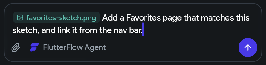AI Agent message box with favorites-sketch.png attached to a prompt asking for a Favorites page that matches the sketch.