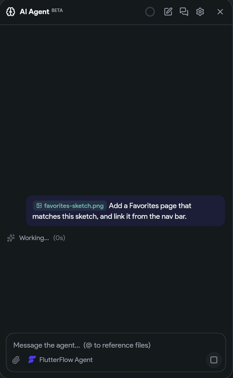 AI Agent panel ticking off a three-step plan while the status line changes from Working to Saving to FlutterFlow to Saved.