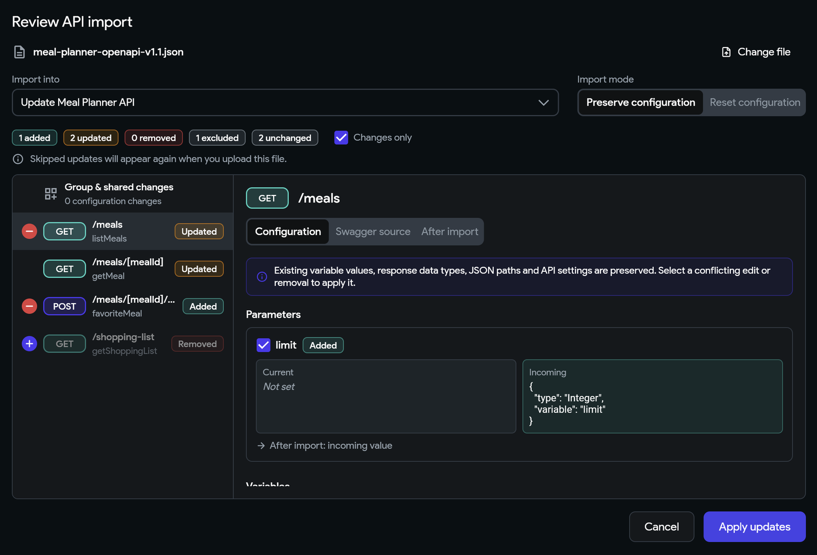 Review API import dialog for an updated Meal Planner API file, listing added, updated, and removed endpoints and comparing the incoming limit parameter with the current configuration.