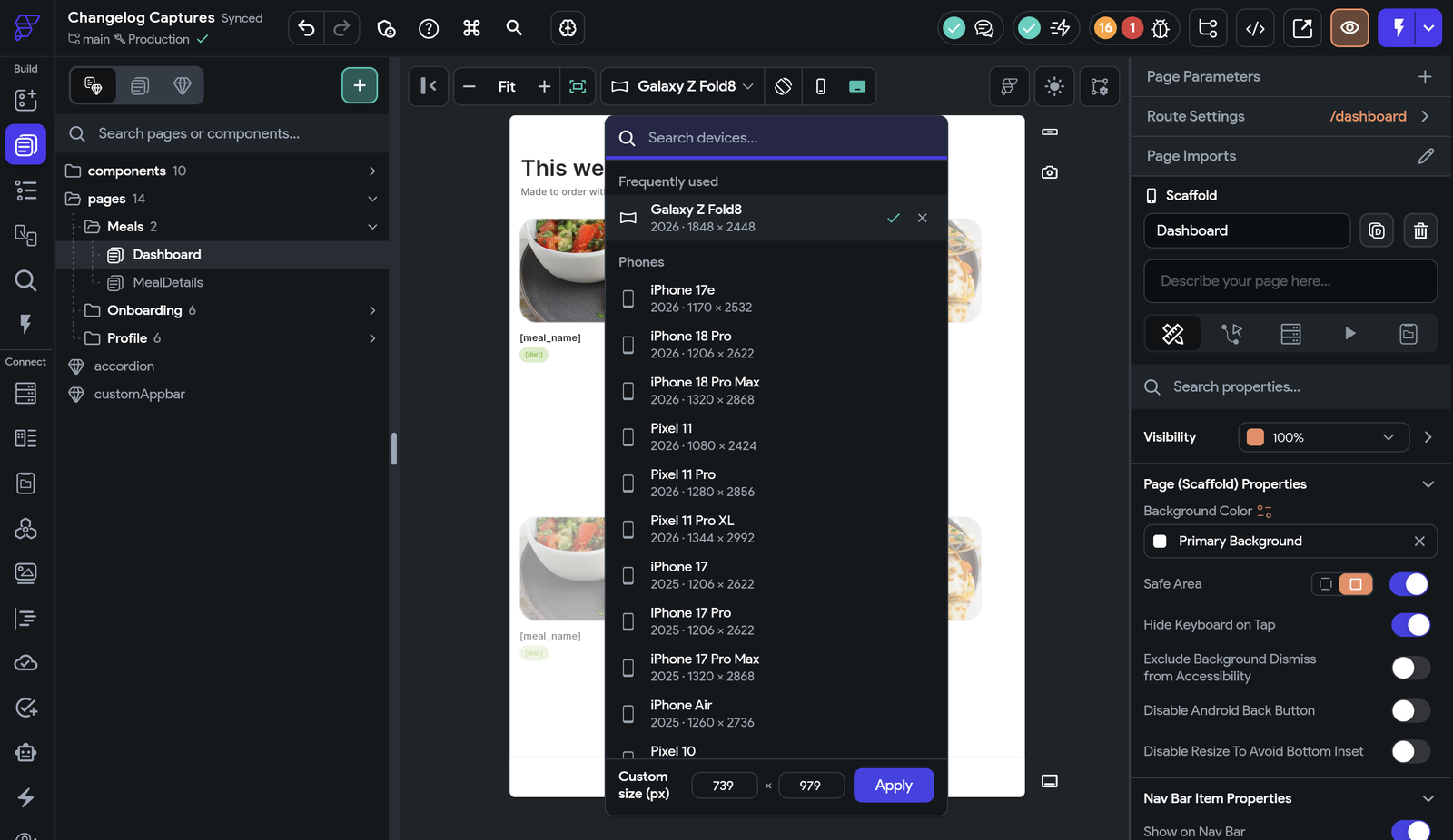 Device menu on the canvas listing 2026 phones such as the iPhone 18 Pro and Pixel 11, with the Galaxy Z Fold8 selected under Frequently used.