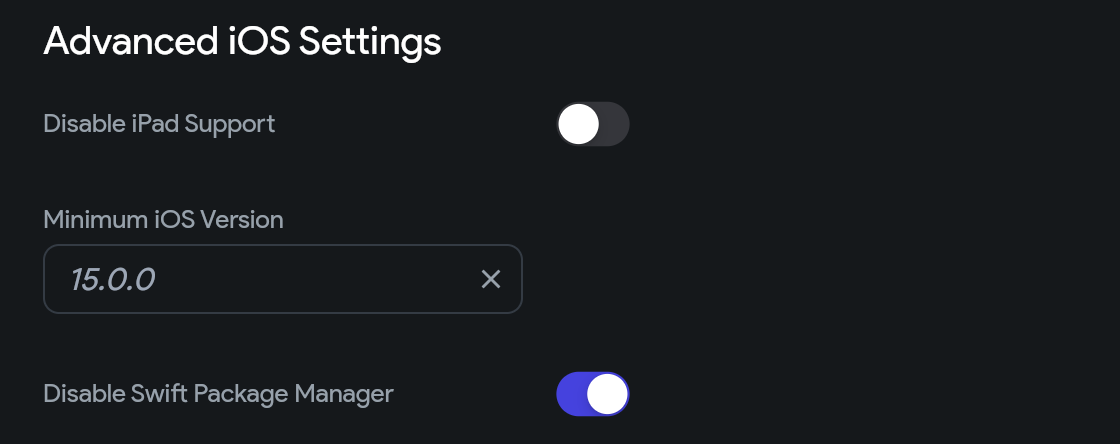Advanced iOS Settings with Disable Swift Package Manager turned on.