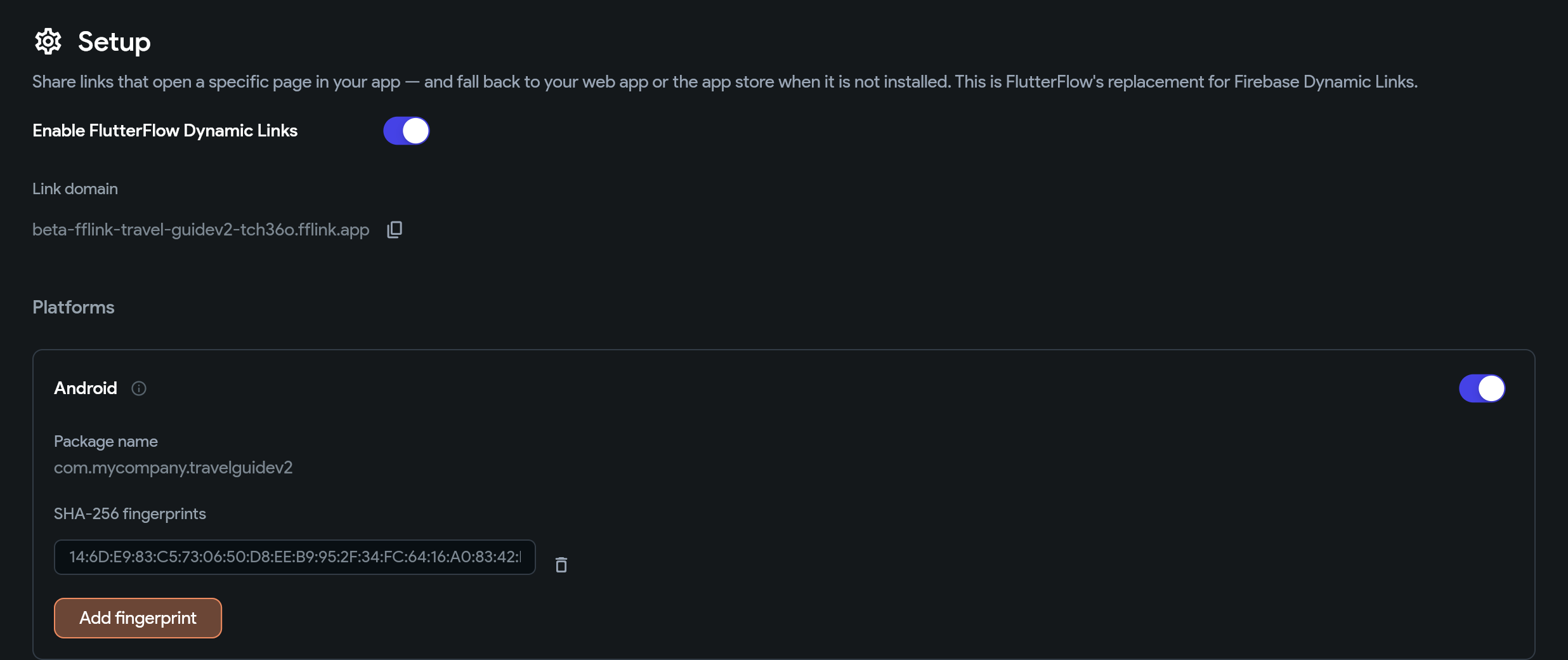Dynamic Links Setup settings with FlutterFlow Dynamic Links enabled, the project's link domain, and Android platform settings.