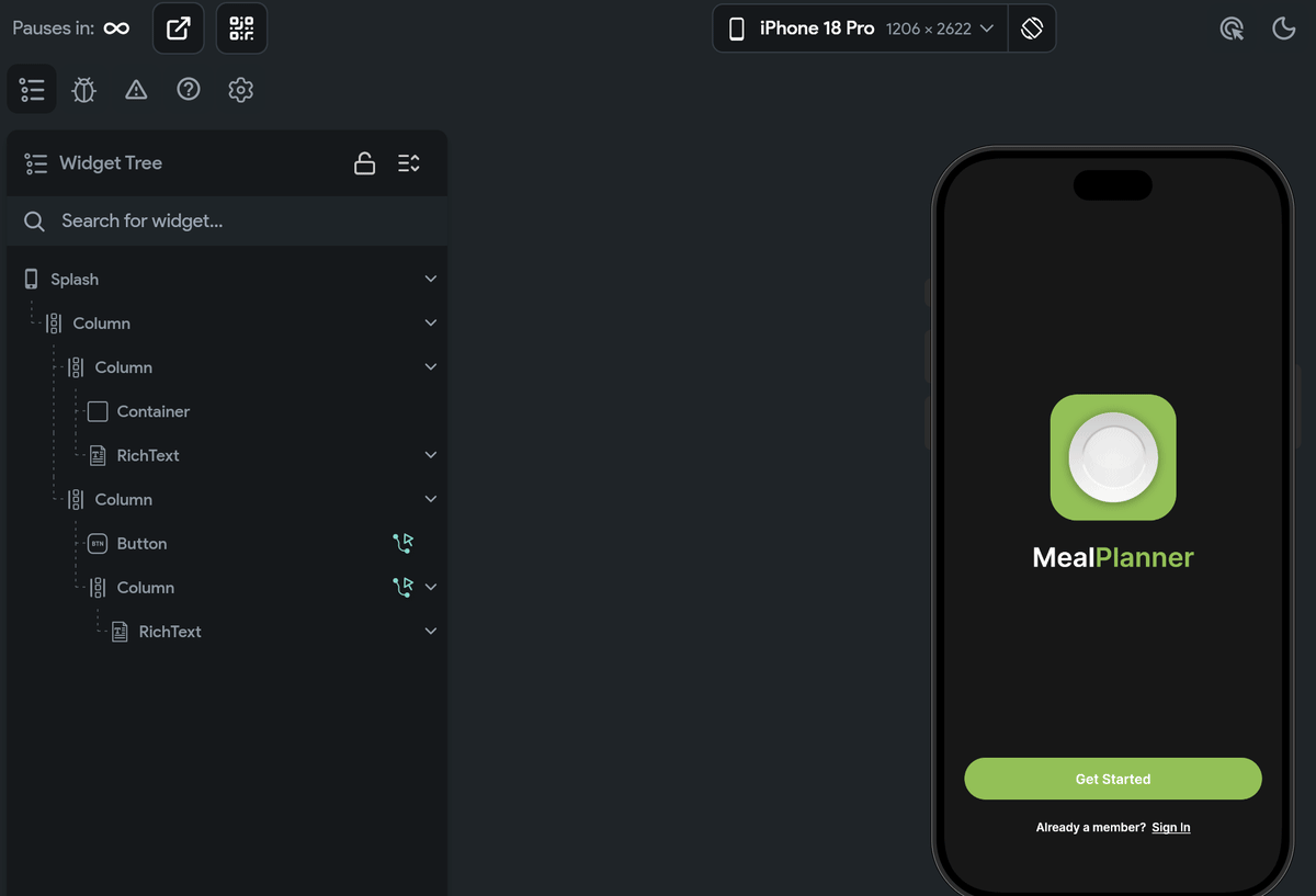 Hovering rows in the Test Mode widget tree outlines each widget in the running app, then right-clicking the Button row opens the widget menu.